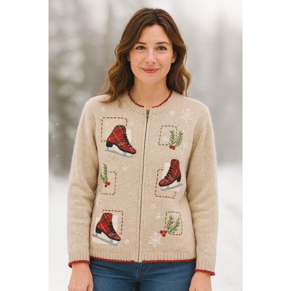 Croft & Barrow VTG SZ M Wool Angora Holiday Full-Zip Sweater Tartan Ice Skates - Picture 7 of 7